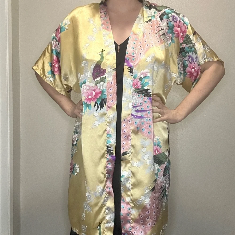 Jin Hon Gold Satin Peacock Floral Kimono Robe OS Artsy Loungewear Lightweight